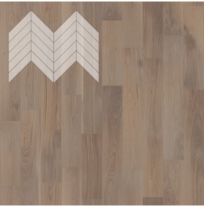 фото - Инженерная доска Елка Французская Lab Arte Chevron Дуб Селект Беж лак 600/490х110х14/3/45°